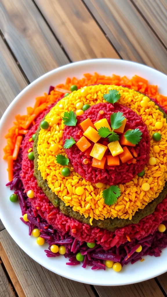 Vibrant Seven Color Rice Recipe A colorful plate of seven color rice layered with various vegetables, garnished with cilantro.